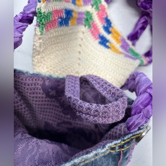 Handmade Upcycled Denim Crossbody Purse, Faded Blue Denim, Bling, Woven Strap - Picture 4 of 7